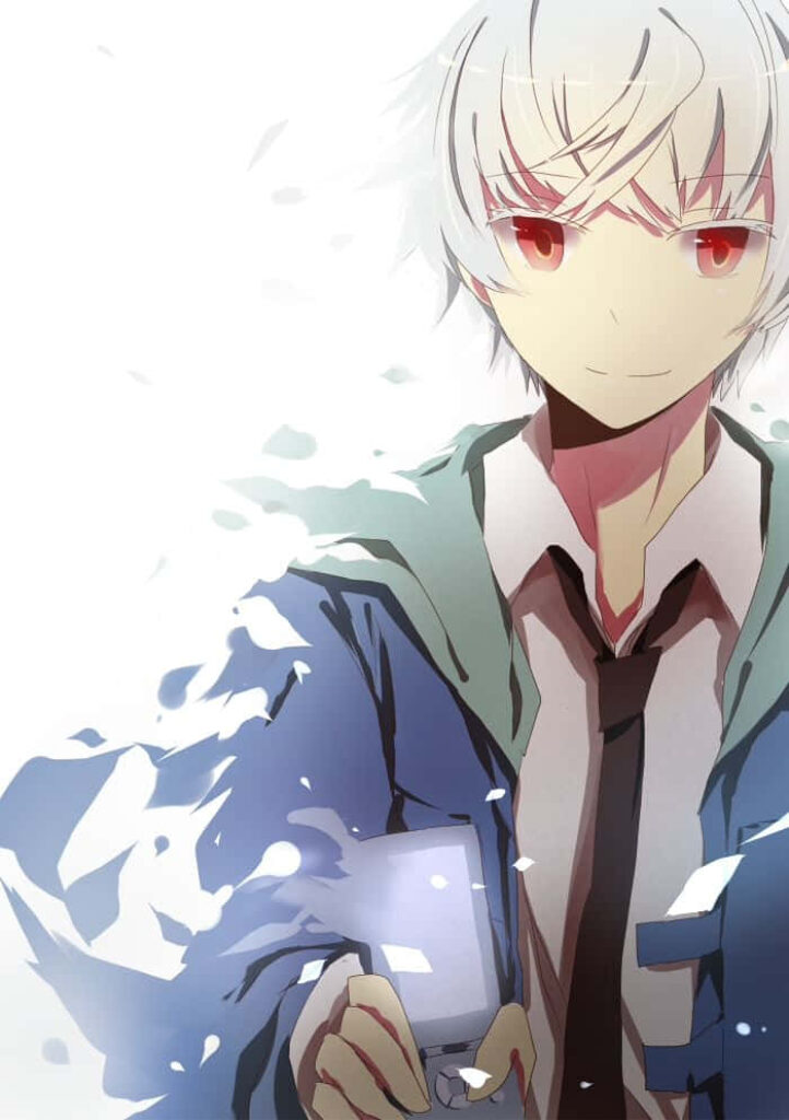 Aru Akise with bright red eyes holding phone in ethereal background reflecting deep contemplation Wallpaper