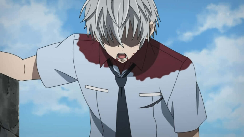 Aru Akise distressed with bloodstained school uniform leaning on wall under clear blue sky wallpaper