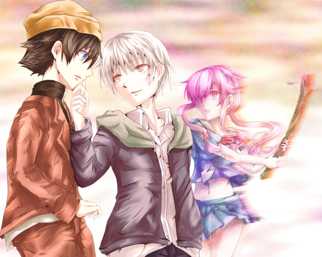 Aru Akise thoughtful under moonlight with pink haired girl and bat in tense atmospheric scene Wallpaper