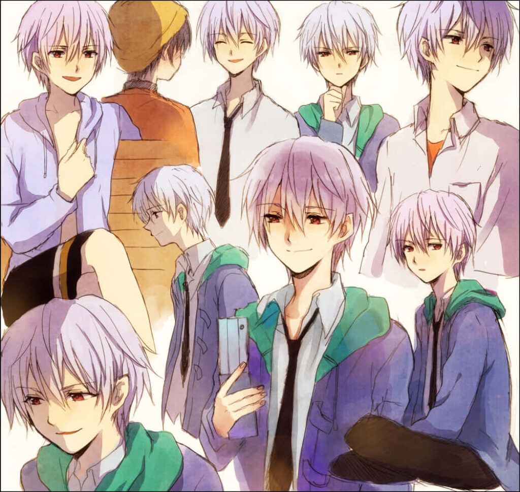 Collage wallpaper of Aru Akise anime character in pastel art style showing multiple moods and outfits