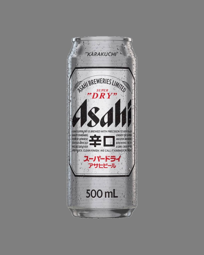 High-resolution image of 500ml Asahi Super Dry beer can with condensation on gray background Wallpaper