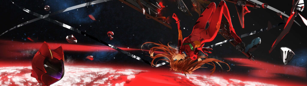 Captivating Space Journey with Asuka Langley Sohryu - Mesmerizing Red Ultra Wide HD Wallpaper from Neon Genesis Evangelion