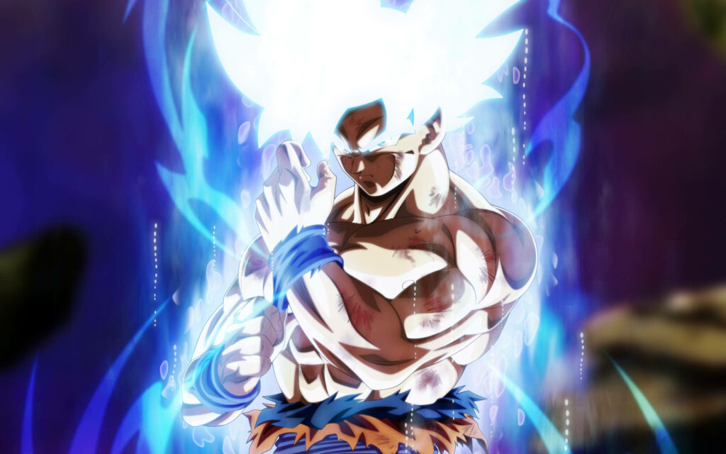 Mastered Ultra Instinct Goku glowing blue aura silver hair 4K Dragon Ball Super wallpaper