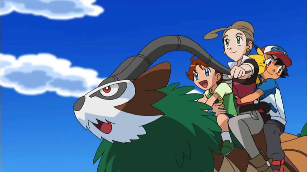 Ash Pikachu Alexa and boy riding Gogoat anime wallpaper vibrant Pokémon adventure sky background