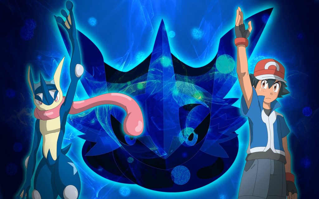 Ash Ketchum and Ash-Greninja action pose with glowing blue energy anime wallpaper background