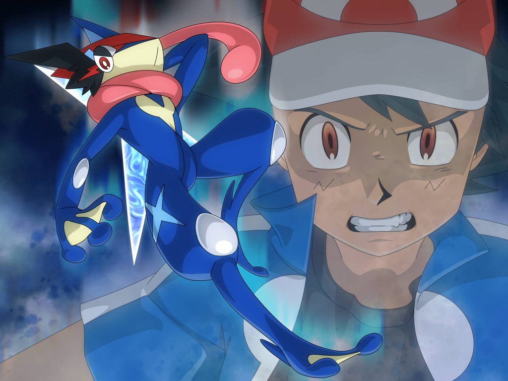 Ash Ketchum with Ash-Greninja powerful form intense blue lighting anime wallpaper background