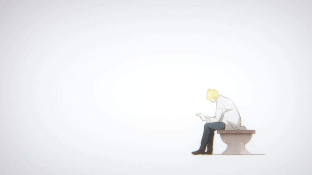 Ash Lynx sitting alone on bench minimalist white background melancholic Banana Fish wallpaper