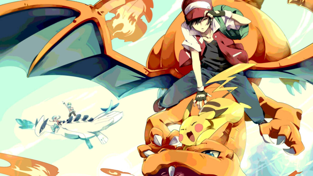 Ash riding Charizard with Pikachu vibrant anime background epic adventure wallpaper