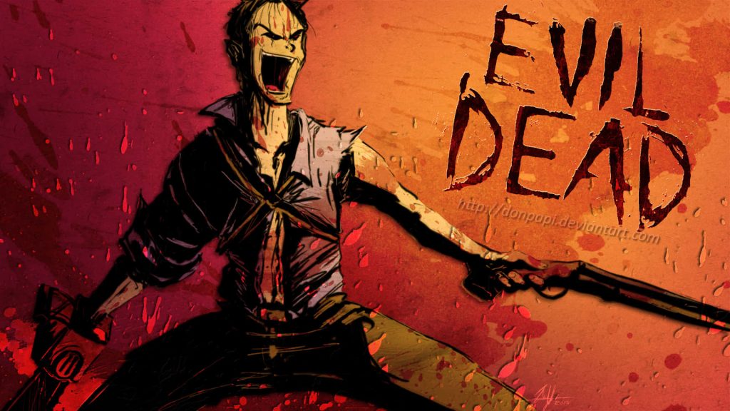 Ash Williams Evil Dead digital art wallpaper with chainsaw shotgun ink-wash blood background