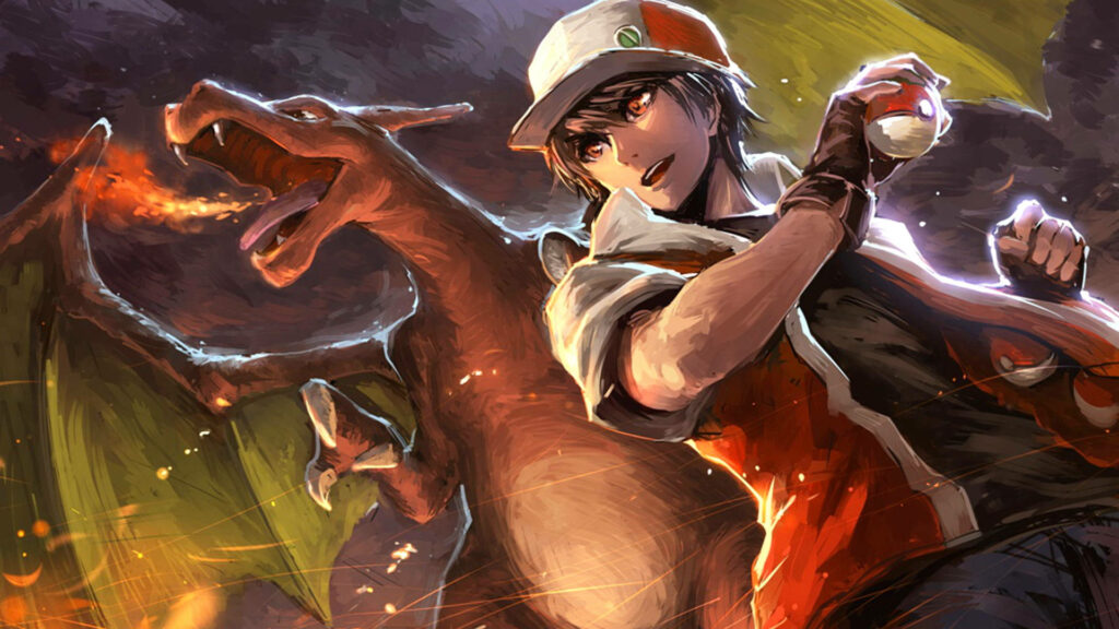 Ash and Charizard dynamic wallpaper vibrant fiery Pokémon anime action background