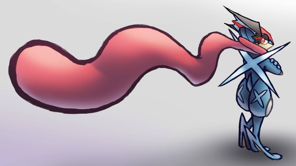 Ash-Greninja anime-style wallpaper with red tongue scarf and giant water shuriken splash