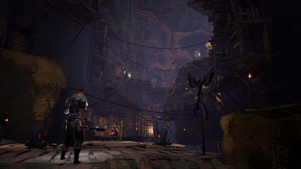 Mystical Ashen wallpaper with rugged wooden buildings and adventurer exploring unknown terrain