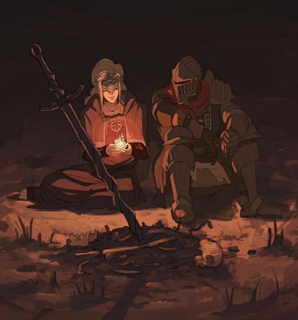 Adventurer and companion resting by campfire with large sword and ancient relics in Ashen Game Wallpaper