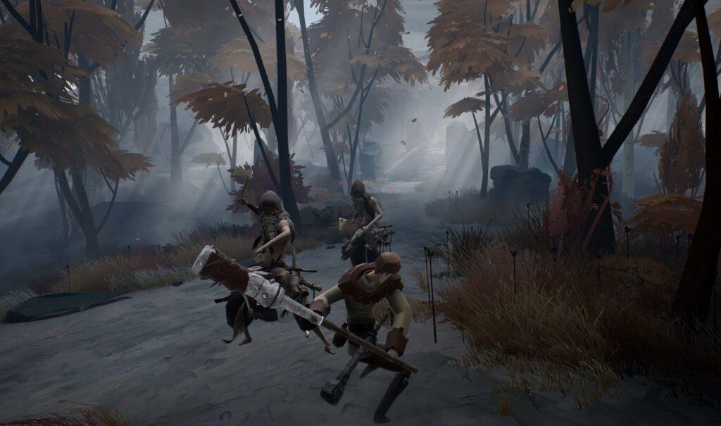 Adventurers explore misty autumn forest in Ashen game showcasing post-apocalyptic beauty Wallpaper