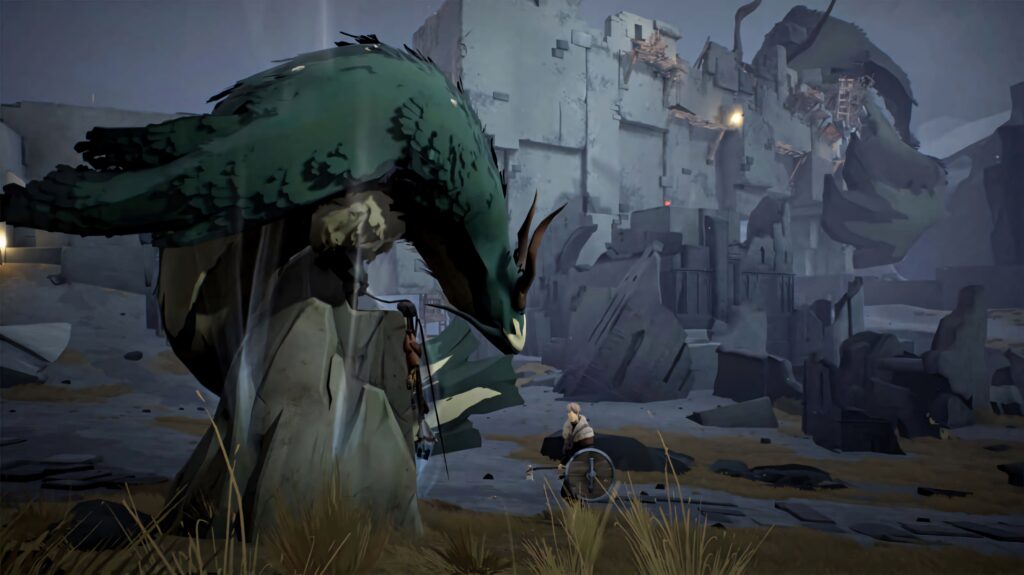 Haunting creature guards dark atmospheric Ashen landscape in eerie game wallpaper background