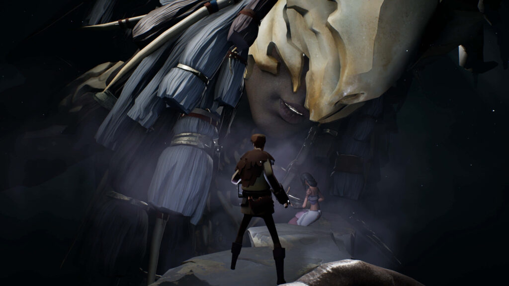 Ashen game wallpaper with lone adventurer facing giant statue and cloaked figure in ruins