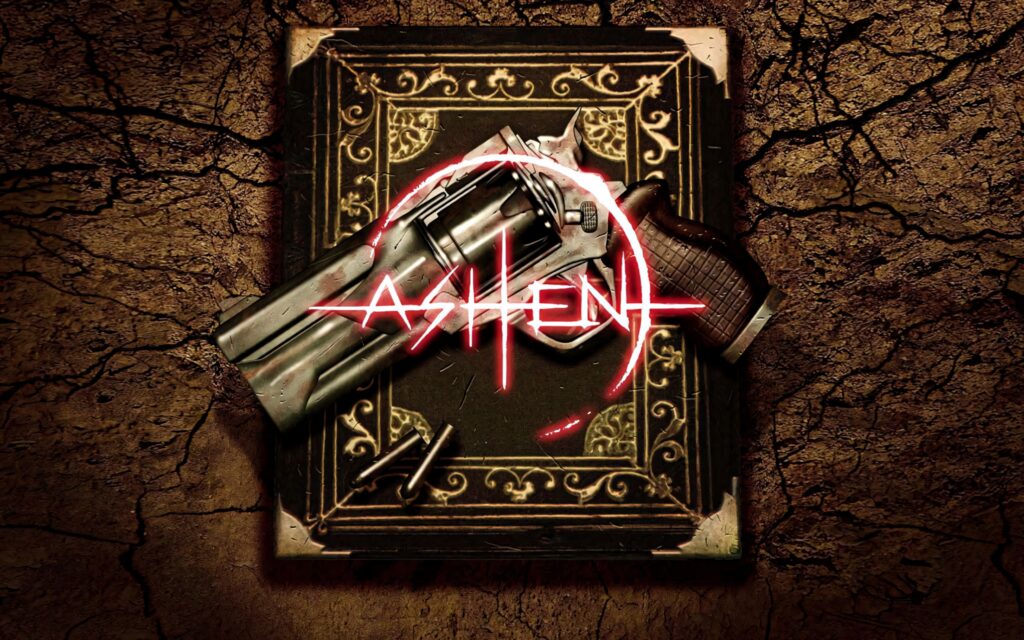 Ashen Game wallpaper with revolver and glowing ancient book on cracked earthy RPG background