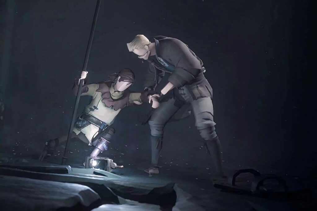 Two Ashen game survivors support each other in a shadowy desolate world wallpaper background