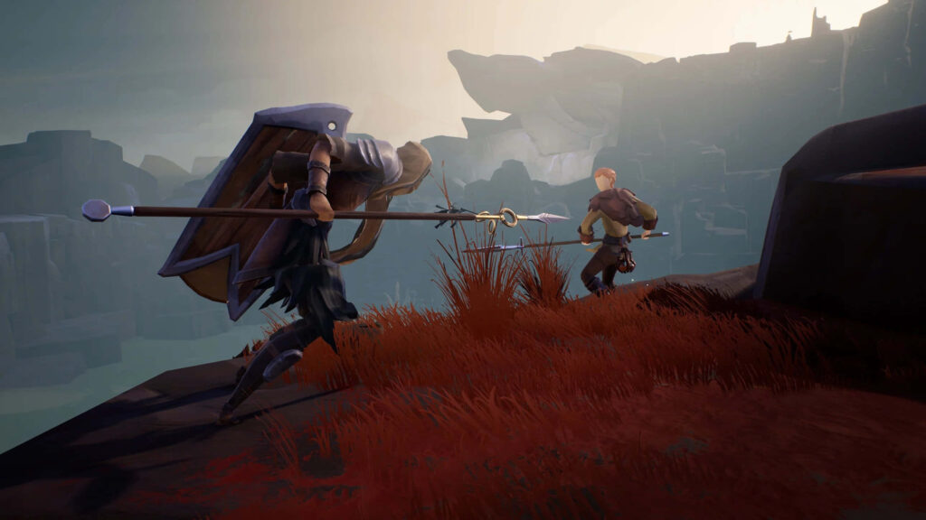 Two adventurers explore a foggy mysterious landscape in Ashen game minimalist wallpaper background