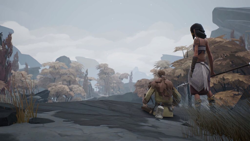Ashen wallpaper with two characters viewing autumn forest and distant mountains serene landscape