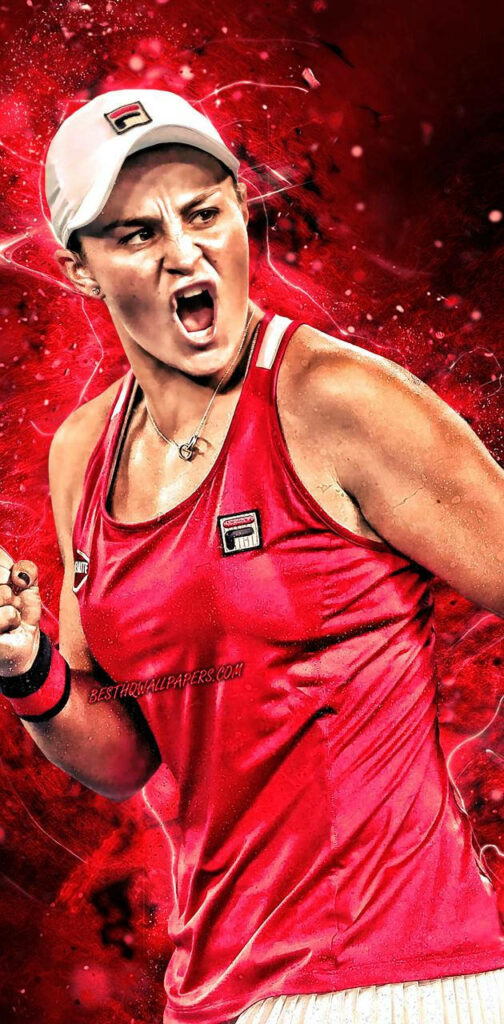 Ashleigh Barty fierce tennis moment glowing red background dynamic competitive spirit wallpaper