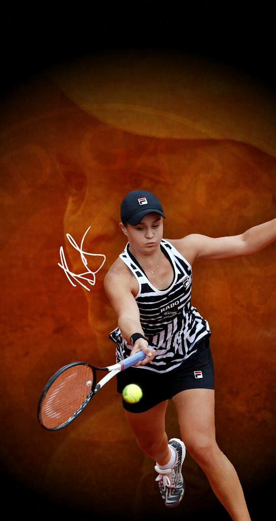 Ashleigh Barty focused on tennis court action with vibrant orange background dynamic wallpaper