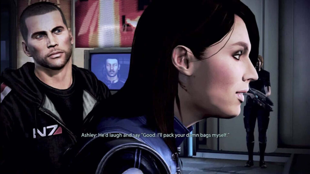 Ashley Williams ready for action with Commander Shepard in intense Mass Effect game scene wallpaper