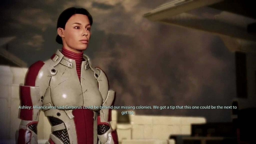 Ashley Williams Mass Effect in detailed armor confident pose blue background wallpaper image