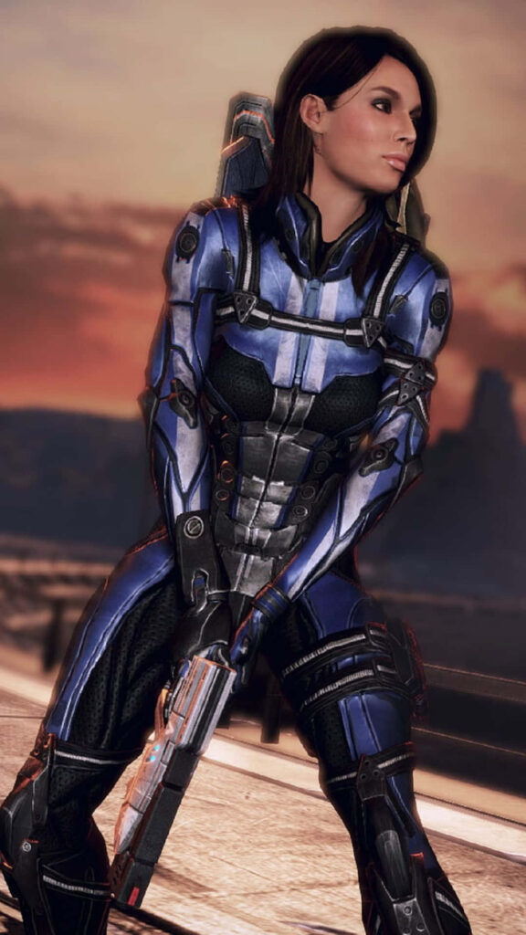 Ashley Williams in futuristic blue armor at sunset calm background Mass Effect character wallpaper