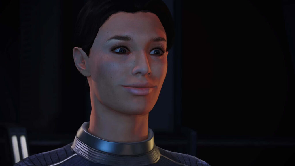 Close-up of Ashley Williams in signature armor with confident expression dark background wallpaper