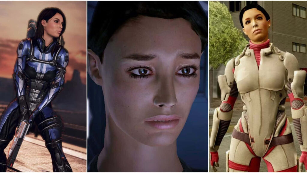 Ashley Williams Mass Effect portrait collage in iconic armor sets with varied expressions wallpaper