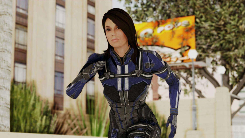 Ashley Williams Mass Effect portrait in full armor determined urban background wallpaper