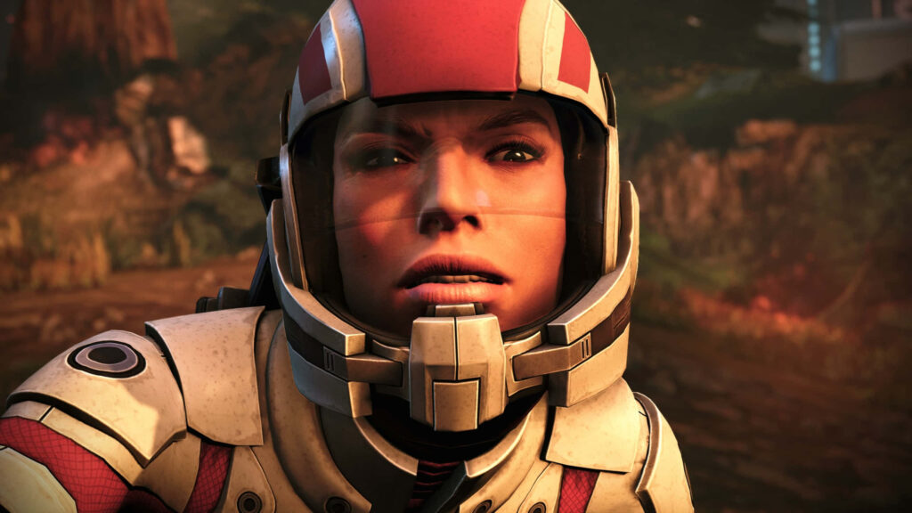 Ashley Williams from Mass Effect in futuristic armor poised for battle dynamic photoshoot wallpaper