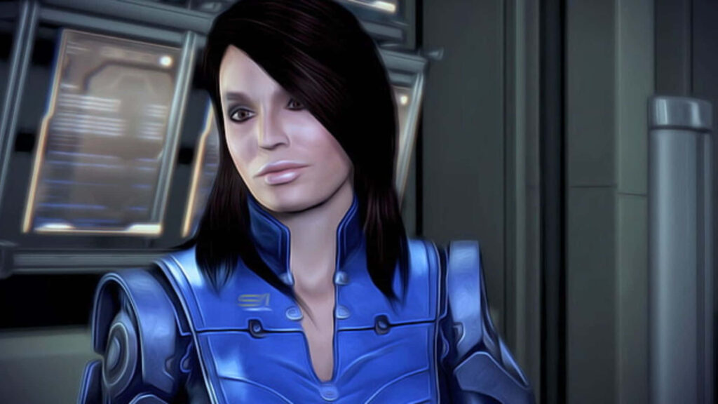 Ashley Williams from Mass Effect in futuristic blue armor with high-tech background wallpaper