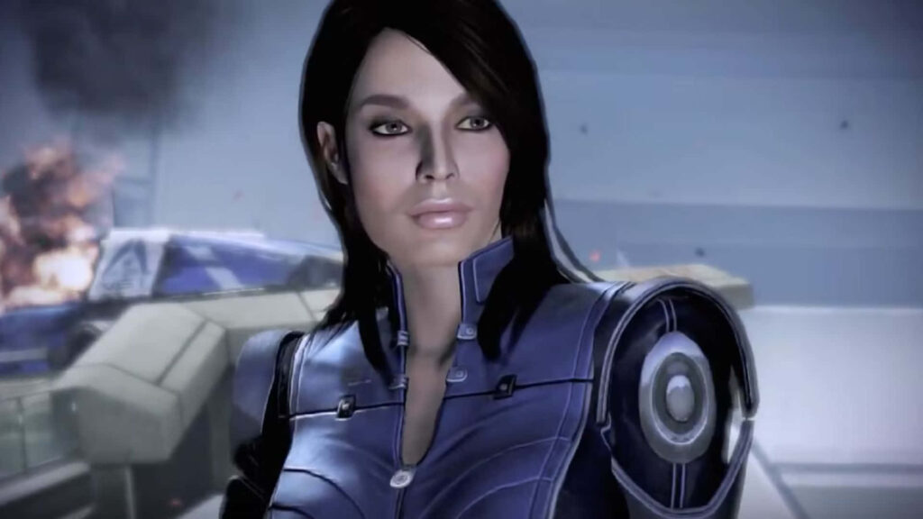 Ashley Williams Mass Effect in signature armor confident futuristic background wallpaper