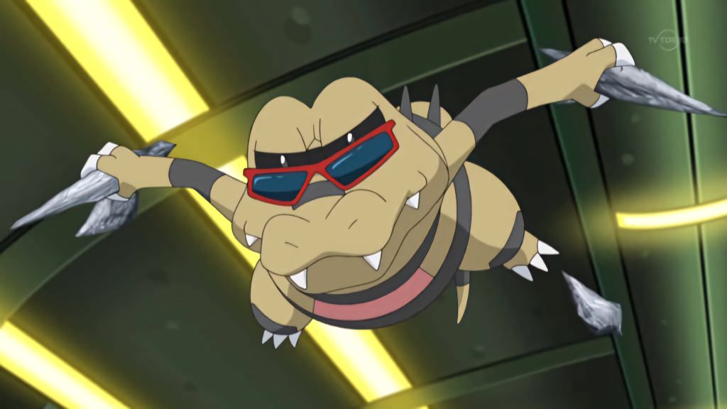 Ashs Krookodile attacking with Stone Edge jagged stones red sunglasses dynamic anime wallpaper background