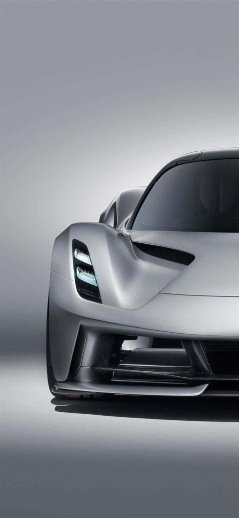 Silver Aspark Owl hypercar with futuristic design and aerodynamic curves in minimalist wallpaper