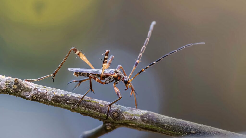 Close-up of assassin bug on branch showing long legs slender antennae and detailed body structure Wallpaper