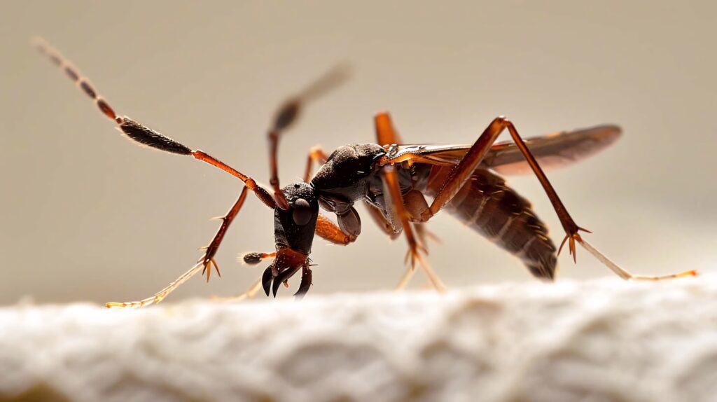 Close-up of assassin bug showing detailed body texture and sharp proboscis on neutral background Wallpaper