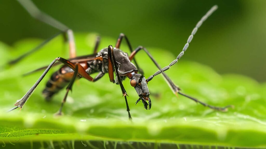 Close-up of assassin bug on green leaf showing detailed body and long antennae nature background Wallpaper