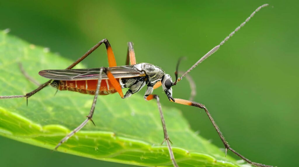 Close-up of an assassin bug on vibrant green leaf showing long legs and detailed body Wallpaper