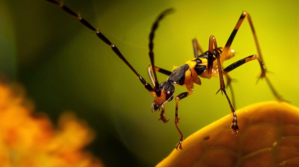 Close-up of assassin bug with unique markings on bright green leaf vibrant blurred background wallpaper