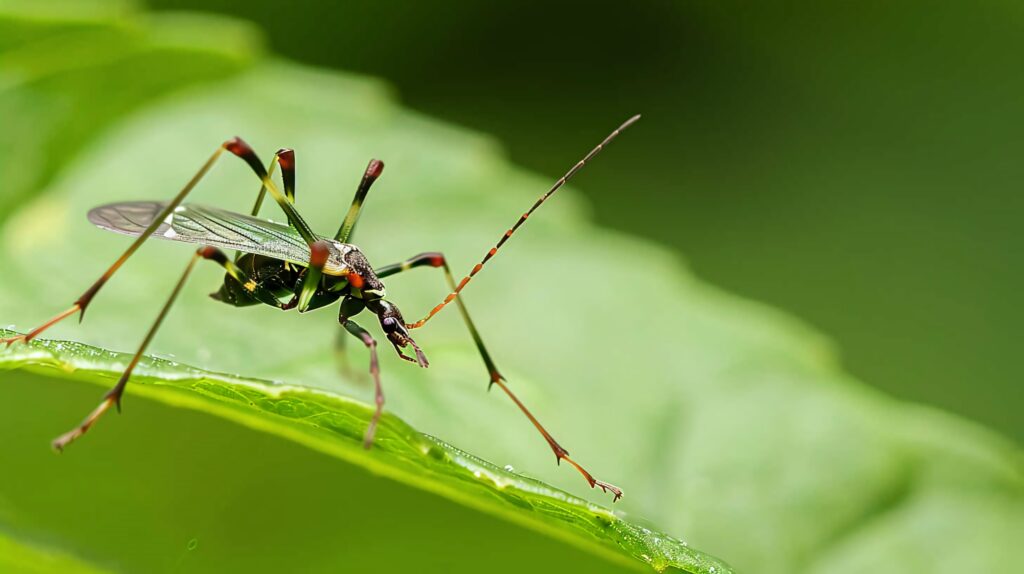 Close-up of vibrant assassin bug on fresh green leaf with soft natural background wallpaper