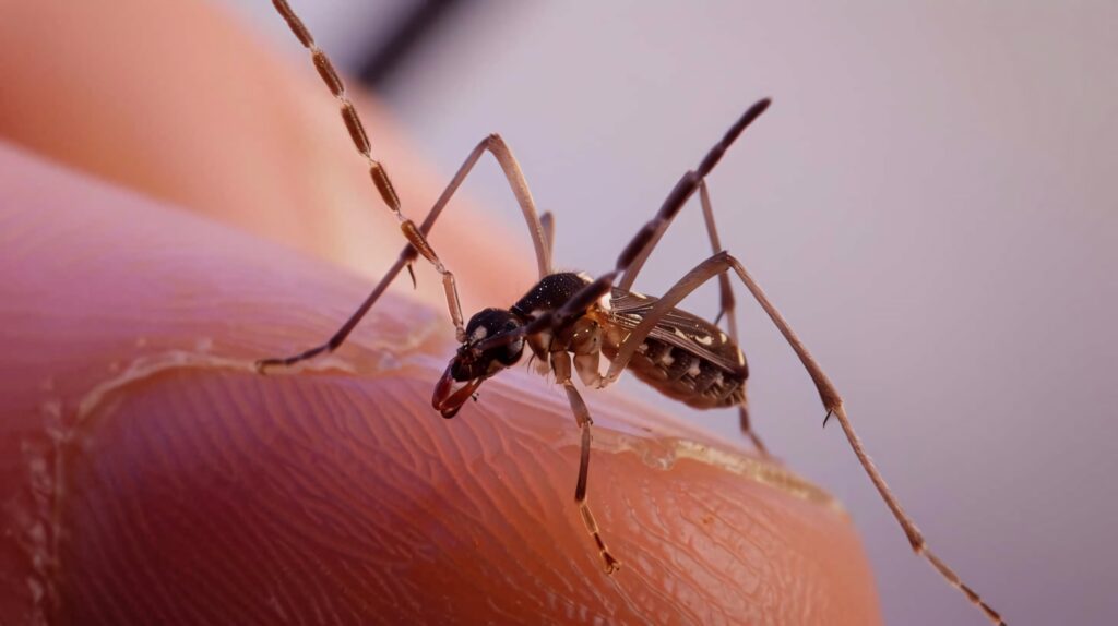 Close-up of an assassin bug on human skin showing detailed insect body and skin texture Wallpaper
