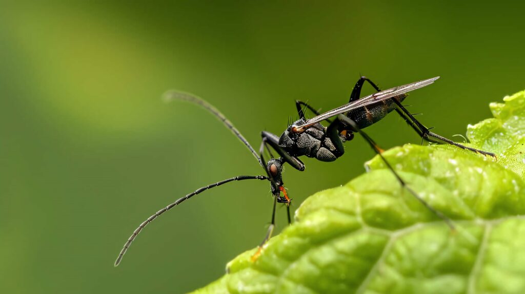 Close-up of assassin bug on textured green leaf with detailed body and long antennae background Wallpaper