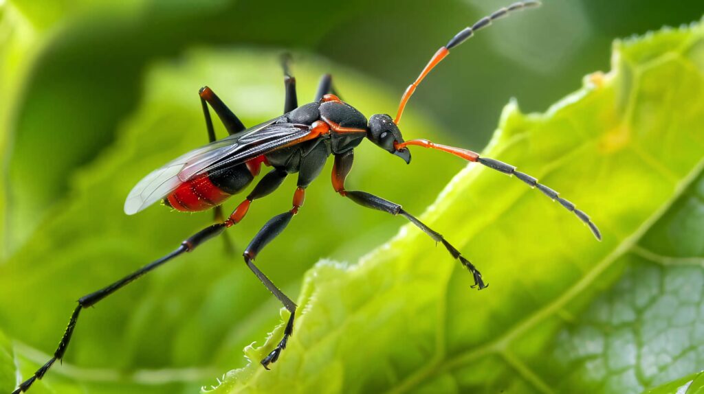 Close-up of an assassin bug with black and red colors on a vibrant green leaf in nature background Wallpaper