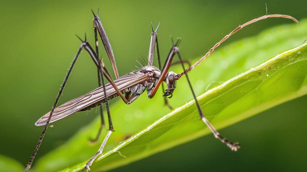 Close-up of assassin bug on green leaf showing slender legs and textured body in soft background Wallpaper