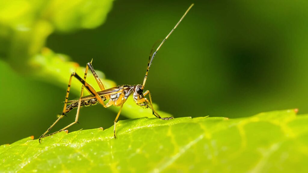Close-up of an assassin bug on vibrant green leaf with blurred lush green background wallpaper
