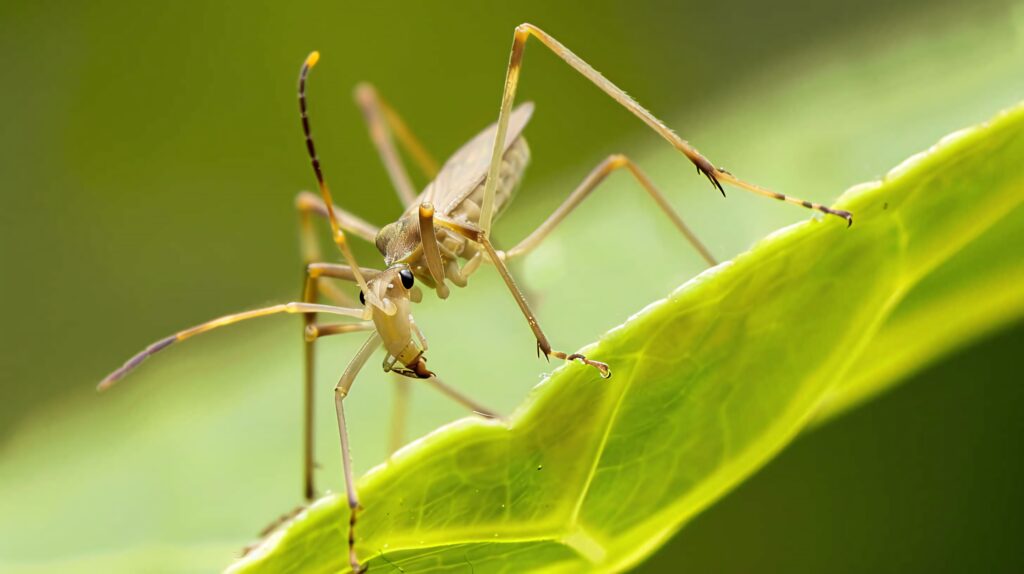 Close-up of assassin bug on green leaf showing long legs slender body natural blurred background Wallpaper