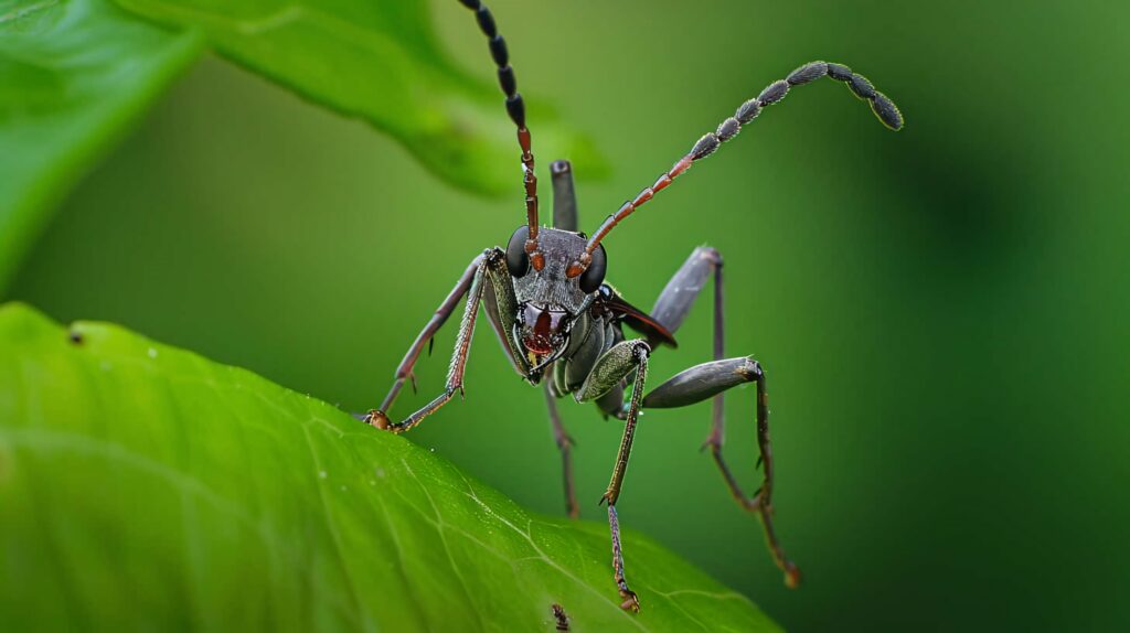 Close-up of assassin bug on vibrant green leaf detailed natural background wallpaper view